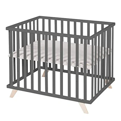 Image de roba Parc Bébé en Bois Massif Bio 75 x 100 + Tapis de Lil Planet Gris Certifié OEKO TEX et GOTS Base Ajustable Hauteur Design Rétro Laqué Anthracite