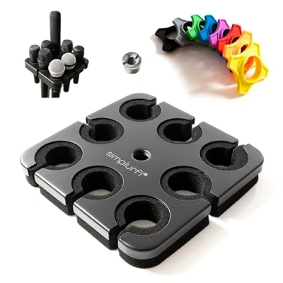 Image de Simplurfi Support multi microphone pour de micro carré pouvant contenir jusqu&#039;à 8 micros sur scène anneaux anti roulis inclus