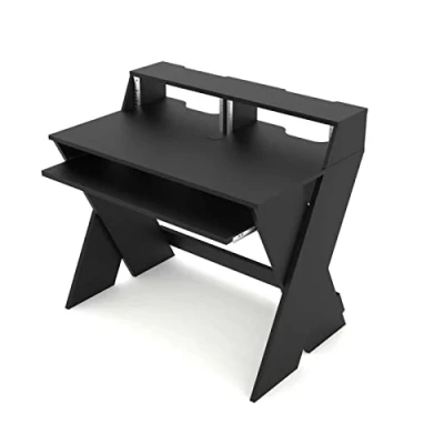 Image de Glorious Sound Desk Compact Black Station de travail compacte au design intelligent avec grand plan travail, compartiment pour clavier extensible, 2 racks 3U et canal câble à l&#039;intérieur