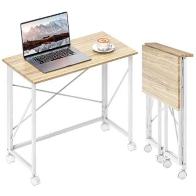 Image de HOMCOM Bureau Pliant Table d&#039;ordinateur 80 x 40 cm sur roulettes Style Moderne pour Domicile, Chambre, Petits espaces, chêne