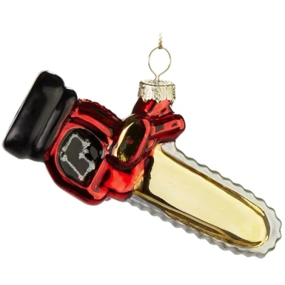 Image de BRUBAKER Tronçonneuse Boule de Noël en Verre Peint à la Main 11 cm d&#039;arbre pour Bûcherons et Artisans Soufflées Bouche Figurine Déco Rouge, Or Noir