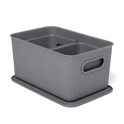Image de TATAY Ensemble de 3 Panier Rangement Baobab (1 x 5L, 2 1,5L) et Couvercle Polypropylène, Sans BPA, Gris Anthracite.