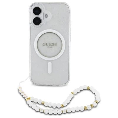 Image de Étui Guess pour iPhone 16 6.1 transparent étui rigide IML Glitter With Pearl Strap MagSafe Neuf