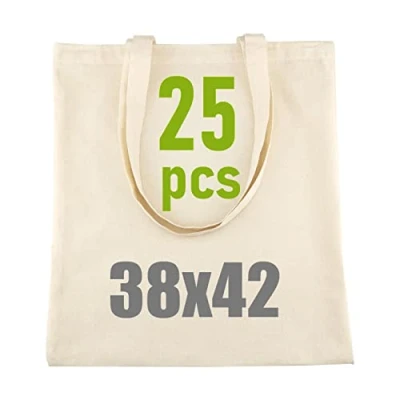 Image de LEVIATAN Sac en Toile de Jute Bag Course Coton 100% Tissu à Peindre 38x42cm 144g/m2 D&#039;achat 25 x Longues Poignées Personnalisable Tote Vierge