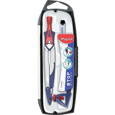 Image de Maped Coffret Compas Scolaire Stop System 3 pièces avec Sécurité Protège Pointe et Mine Système de Verrouillage Breveté Bague Universelle + Étui Dès 10 Ans, Métal