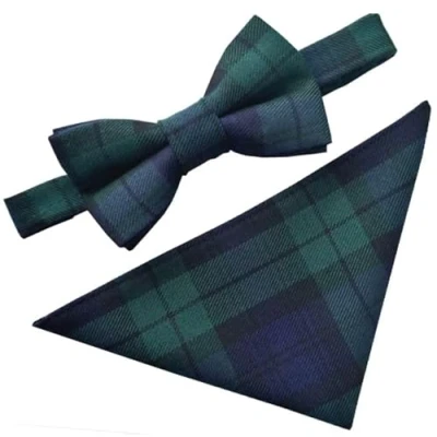 Image de Black Watch Ensemble nœud papillon et mouchoir Motif tartan écossais, Vert bouteille, bleu marine, noir, Taille Unique