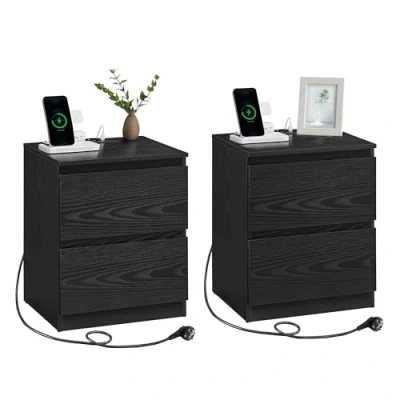 Image de VASAGLE Lot de 2 Table Chevet avec Multiprise, d&#039;Appoint, Tiroirs, Prises CA, 1 Port USB, Prise USB C, pour Salon, Chambre, Bureau, Moderne, Noir Boisé LET821B02