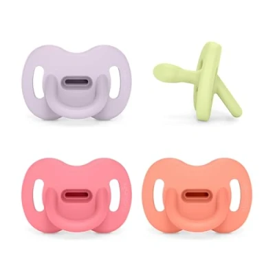 Image de Suavinex, Lot 4 Sucettes Tout Silicone pour Nouveau nés et Bébés 0/6 Mois, avec Tétine Symétrique SX Pro, Réversible, Super Douce Souple, Idéal Dormir. Rose, Vert