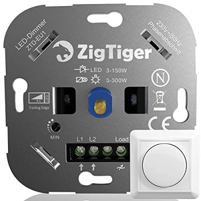Image de Zigtiger Interrupteur de gradation des LED, gradateur rotatif encastré pour LED et halogène 3 100 W, sans griffes serrage, ans garantie, blanc
