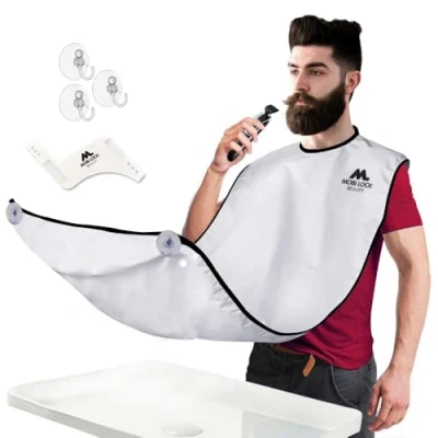Image de Mobi Lock Bavoir attrape barbe Tablier de taillage et cape rasage Bon cadeau pour homme Comprend un peigne à modeler, une boîte rangement livre électronique