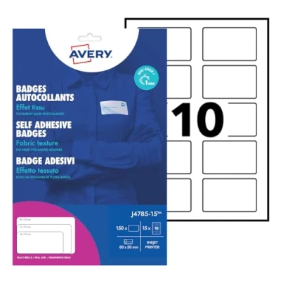 Image de Avery 150 Badges Adhésifs pour Textile en Polyester Blanc Format 80 x 50 mm Impression Jet d&#039;Encre Personnalisation Facile (J4785 15)