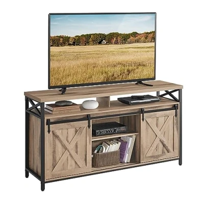 Image de VASAGLE Meuble TV, Support pour Téléviseur Jusqu’à 65 Pouces, avec Étagères Réglables, Portes Imitation Grange, Style Rustique, Cadre en Métal, Marron Camel et Noir Simple LTV071B50V1