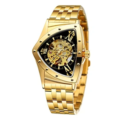 Image de FORSINING Montre pour homme étanche à 30 m Squelette Creux Automatique Éblouissant Rétro Triangle bracelet, Doré/noir,