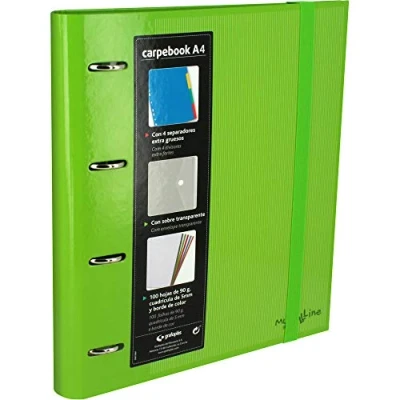 Image de Grafoplás 88102020. Classeur 4 anneaux perforés A4 avec enveloppe transparente, intercalaires et 100 feuilles, couleur vert, de 35 mm, fermeture en caoutchouc. Porte documents Multiline