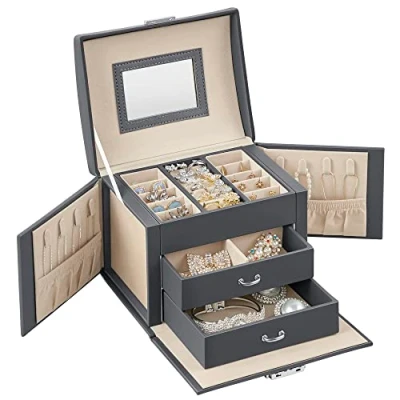 Image de SONGMICS Boîte à Bijoux 3 Niveaux, Écrin Accessoires, Coffre, avec Poignées, 2 Tiroirs, Miroir, Serrure, Rangement pour Voyages, Surface Gris Ardoise, Doublure Beige Sable JBC154G01
