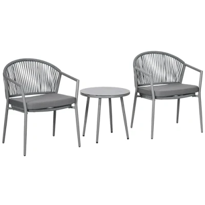 Image de Outsunny Salon de Jardin bistrot, Ensemble bistrot 3 pièces Cadre en Acier 2 fauteuils + 1 Table Basse avec Plateau Verre trempé, Coussins Inclus Gris