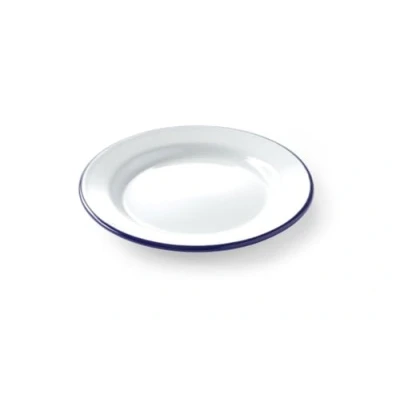 Image de HENDI assiette en acier émaillé blanc, avec bord bleu, récipient, plat rond, creuse, ø200x(H) 32mm