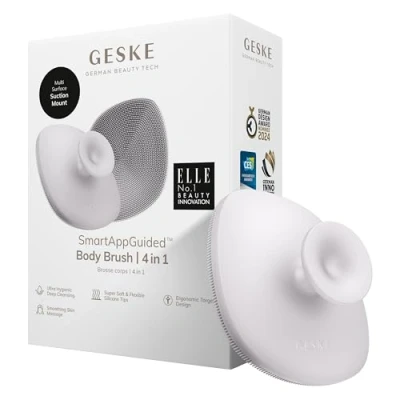Image de GESKE Body Brush 4 in 1 Brosse nettoyante pour tout le corps Nettoyage en profondeur professionnel Poils silicone souples Poignée ergonomique à deux doigts Nettoie et masse