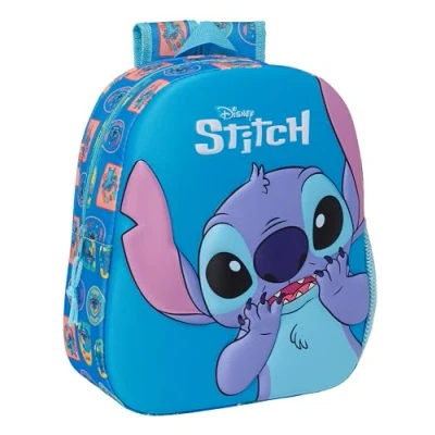Image de STITCH Sac à dos d&#039;école avec design 3D, adaptable au chariot, idéal pour les enfants de différents âges, confortable et polyvalent, qualité résistance, 27 x 10 33 cm, couleur bleue, bleu,