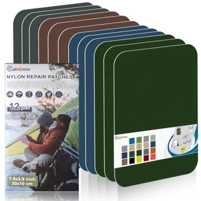 Image de Patch en nylon autocollant, Cahomo 12 Pièces 20X10 cm de réparation imperméable tissu autocollant reparation, pour veste, tentes, doudoune, sac couchage, sacs à dos Couleur A