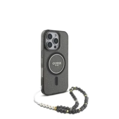 Image de Étui Guess pour iPhone 16 Pro Max 6.9 noir étui rigide IML Glitter With Pearl Strap MagSafe Neuf