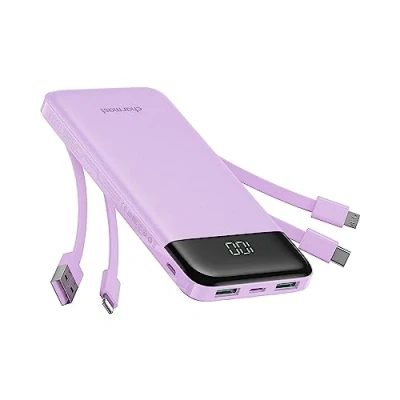 Image de Charmast Batterie Externe 10000mAh avec 4 Câbles Intégrés Portable USB C Mince Power Bank 6 Sorties et 3 Entrées pour iPhone 12 13 11 Samsung S21 S22（Violet）
