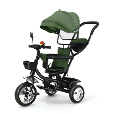 Image de OHMG Tricycle 4 en 1, pour Enfants à partir de 1 5 Ans, avec Toit Pare Soleil Amovible, Barre poussée, Tricycle, Jogger, fenêtre Toit, Ceintures sécurité, pédale, siège Rotatif (Vert)