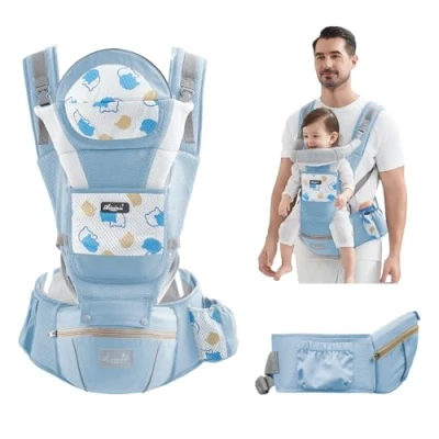 Image de IULONEE Porte Bébé Naissance Confortable Bebe Avec Siège à Hanche De Multifonction Pour Bébés Et Tout Petits Echarpe Portage Les 3 36 Mois (Bleu)