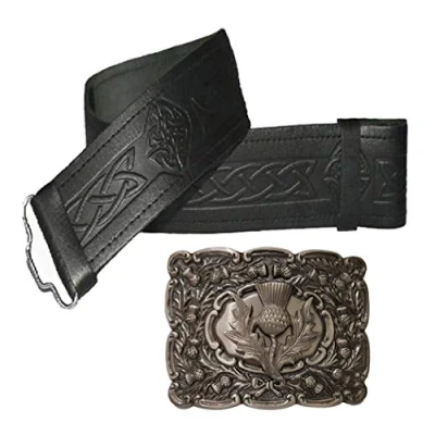 Image de Ceinture de kilt en cuir gaufré avec boucle noire forme chardon Noir taille 107/122 cm