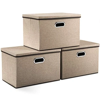 Image de Prandom Bacs de rangement pliables en tissu jute avec couvercles pour chambre à coucher, placard, bureau, pépinière (45 x 30 cm), grand (3 paquets)