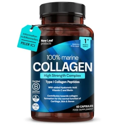Image de Collagene Marin Type 1 100% Peptides de Collagène Hydrolysés Améliorés avec Acide Hyaluronique &amp; Vitamine C Complement Alimentaire Puissant Femmes Hommes 60 Comprimés