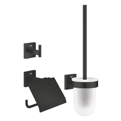 Image de GROHE Start Cube Set d&#039;Accessoires 3 in 1 (Patère Murale, Dérouleur Papier Mural et Porte balai WC), A coller QuickGlue ou à visser, Noir Mat, 411232430