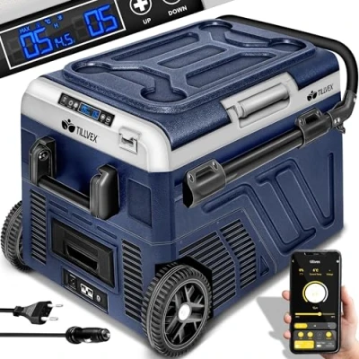 Image de tillvex® Glacière à Compresseur Congélateur Electrique avec Contrôle WIFI APP, Port USB, 12/24V 230V Réfrigérateur jusqu&#039;à 20 C pour Voiture, Camion, Bateau, Camping (Bleu/avec Batterie, 50 L)