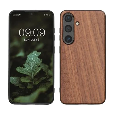 Image de kwmobile Housse Compatible avec Samsung Galaxy S25coque Étui de Protection Rigide en Bois Cadre TPU Brun foncé
