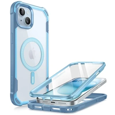 Image de i Blason AresMag Coque pour iPhone 15/ 14/ 13 6,1&#039;&#039; [Magsafe Compatible] Protection Intégrale Pare Chocs Airbags Antichoc Transparent avec Protecteur d&#039;Ecran Intégré (Bleu)