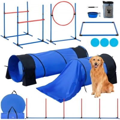Image de VEVOR Équipements d&#039;Entraînement Agilité pour Chien, Ensemble 7PCS, Parcours Obstacles Chiot, Haies Hautes Réglables, 6 Poteaux, 2 Tunnels, Anneau de Saut, Boîte Pause, 3 Frisbees, Sifflet, Bol