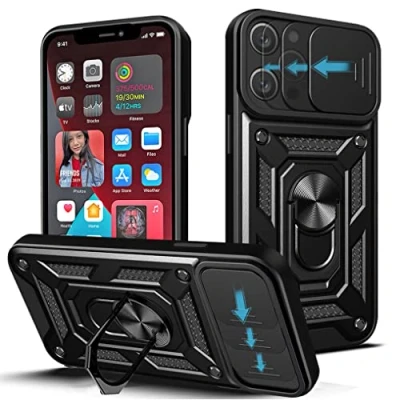 Image de NC LOCLOUD Coque pour iPhone 12 Pro Max, Protection de la Caméra Étui avec Lentille Coulissante Couverture et Support à Bague PC Dur TPU Silicone Antichoc Anti Rayures Noir