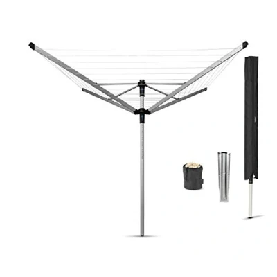 Image de Brabantia Séchoir Lift O Matic Advance Etendoir Linge Extérieur Résistantes aux UV, 50 m Rotation Fluide Ancre de Sol, Housse et Sac pour Pinces à Gris Métallique ø 295cm