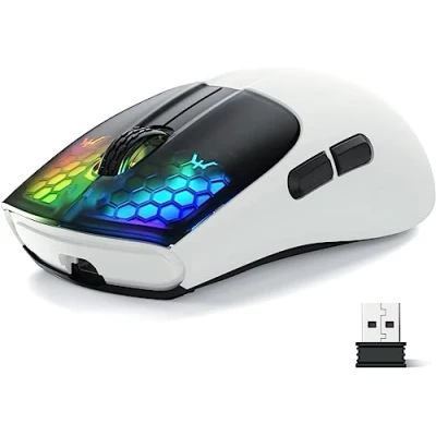 Image de MAGIC REFINER X5 Souris Gamer sans Fil, 49g Ultra Léger Gaming Rechargeable, Tri Mode G502 (2.4Ghz/BT5.0/USB C Filaire) Ergonomique, Batterie Longue Durée, LED RGB, PC/Mac Noire&amp;Blanc