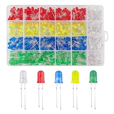 Image de YIXISI 600pcs 5mm Bi pin LED diode électroluminescente, Tête ronde colorée, Haute luminosité lampe LED, rond, 5 couleurs(Blanc/Rouge/Jaune/Vert/Bleu)