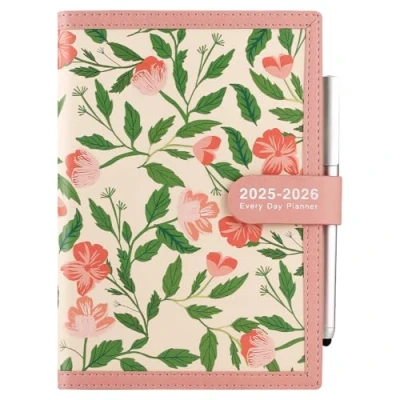 Image de Mljtoyo Agenda scolaire journalier 2025 2026 de juillet à juin 2026, format A5, une page par jour, avec stylo, autocollants, poche arrière, 3 marque pages (rose 07 06 2026)