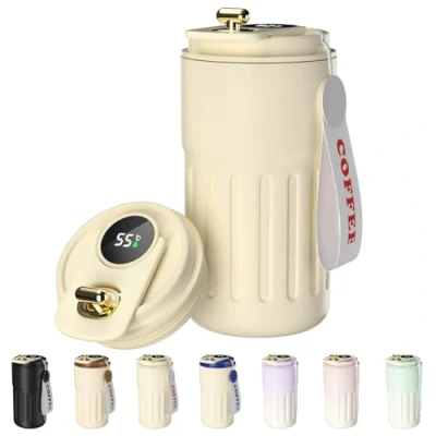 Image de Homealexa Gobelet Café Affichage Numérique Bouteille Isotherme 410 ml en Acier inoxydable 316 avec Couvercle Isolation sous Vide anti Fuite Blanc
