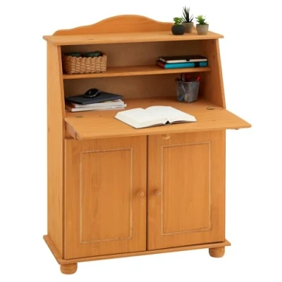 Image de IDIMEX Bureau secrétaire David avec abattant Rangement Plusieurs étagères 2 Portes et Plan de Travail Rabattable, en pin Massif Finition teintée cirée