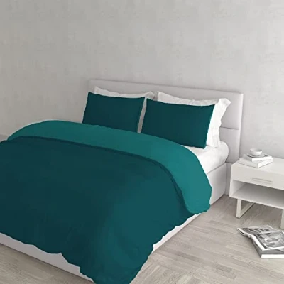 Image de Italian Bed Linen CP NC Petrolio/Verde bottiglia 2P Natural Color housse de couette double face couleur unie avec taies d&#039;oreiller, Vert pétrole/Vert Bouteille