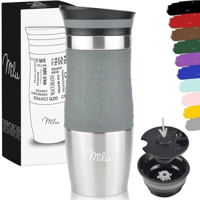 Image de Milu Mug Isotherme Etanche 370ml 450ml Thermos café thé I Tasse Isolée pour et à emporter, Double Paroi sous Vide, Acier Inoxydable de Voyage Chaud &amp; Froid (370ml, Gris)