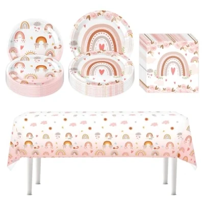Image de 41 Pièces Kit De Vaisselle Anniversaire Fille Arc En Ciel Fêt Jetable Comprend 10 Assiettes Plates 7 Pouces, 9 20 Serviettes Et 1 Nappe