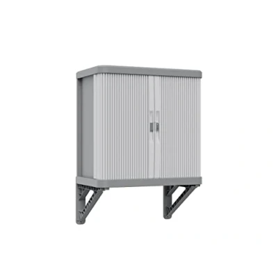 Image de Terry, cabine murale Rolling Space, armoire à deux portes coulissantes, extérieure et intérieure, 2 étagères intérieures réglables, gris, en plastique recyclé, dimensions : 59 x 36 cm