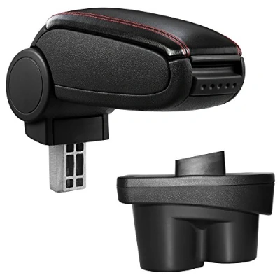 Image de Accoudoir central avec compartiment rembourré cuir synthétique noir des coutures rouges
