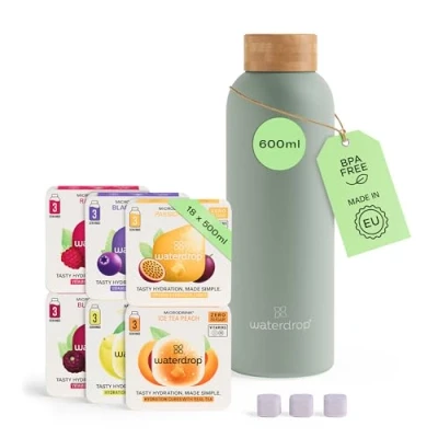 Image de waterdrop® Coffret Dégustation Inox, 1 Bouteille Isotherme 600 ml + 18 cubes Microdrink, 6 saveurs, Aux extraits naturels de fruits et plantes vitamines, Sans sucre, Boisson en cube