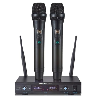 Image de système de microphone sans fil, Metal Dual Pro UHF Cordless Dynamic Mic, 2x30 fréquences ajustables, à main pour le karaoké domicile, les réunions, églises, 300ft Range